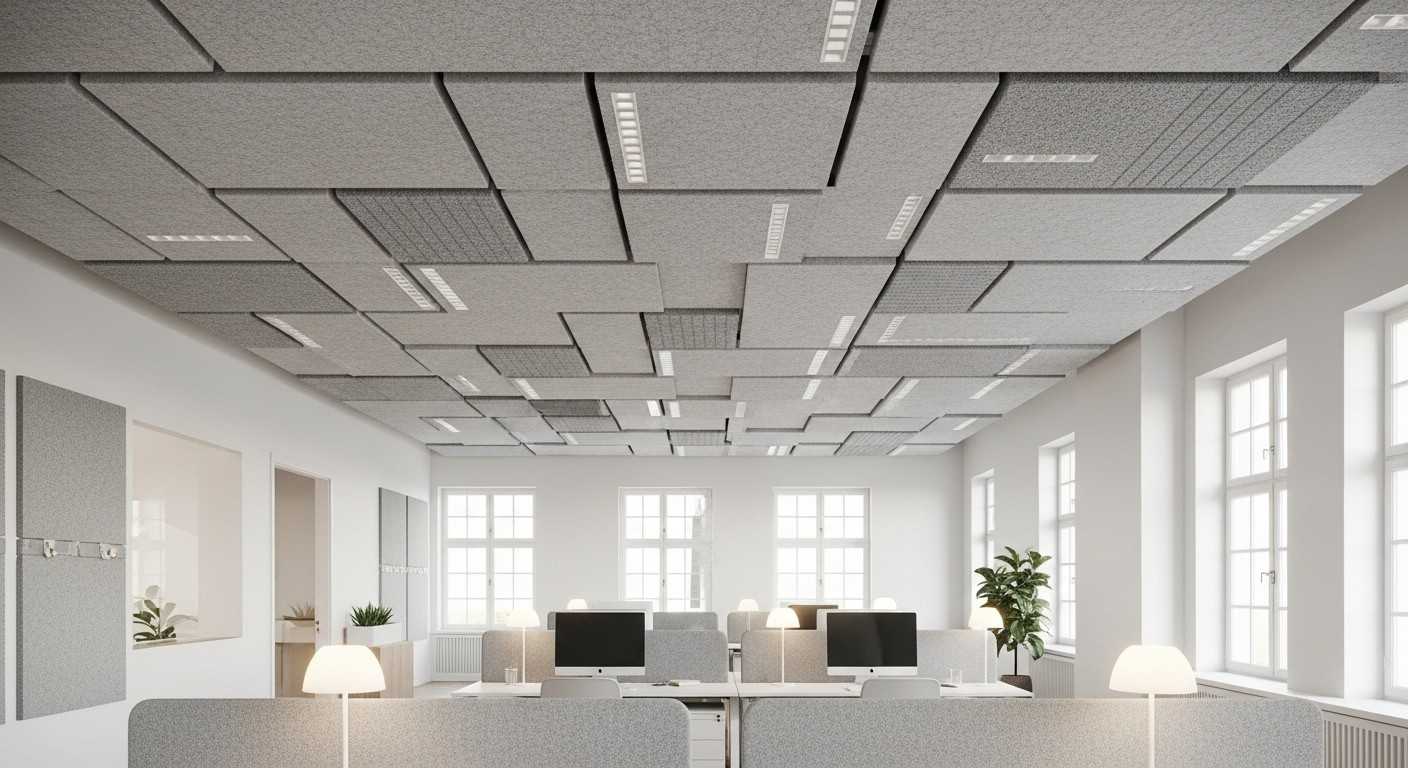 Modern open office featuring stylish felt acoustic ceiling panels with woven textures, designed to reduce noise and enhance tranquility.

