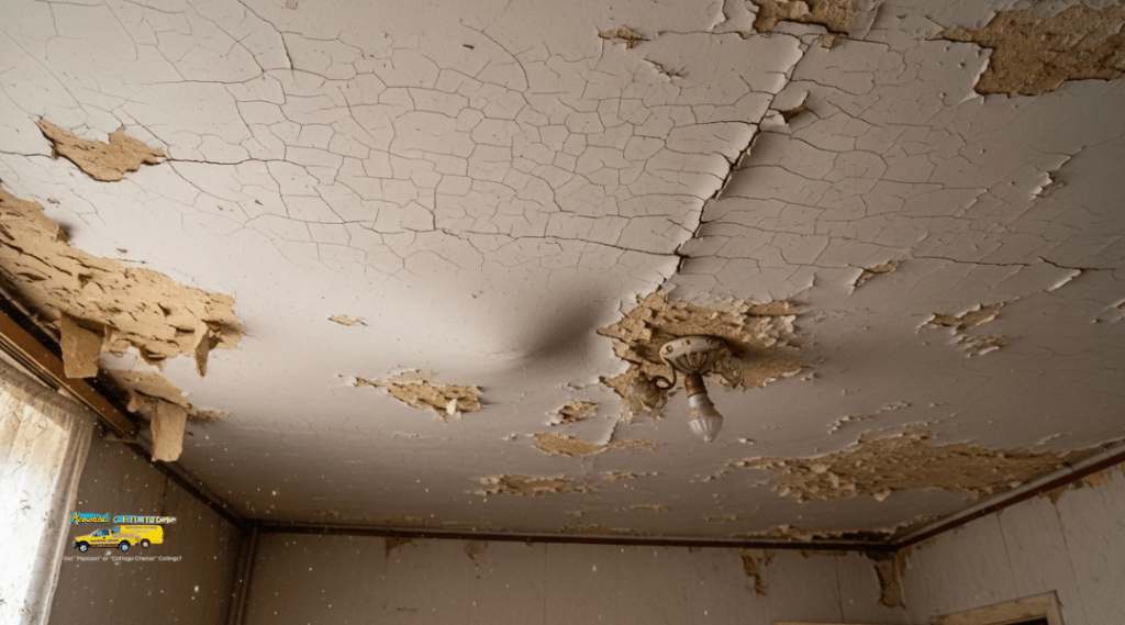 Old ceiling with cracks, crumbling drywall, and dust buildup, showing signs of age-related wear and tear in a residential home.