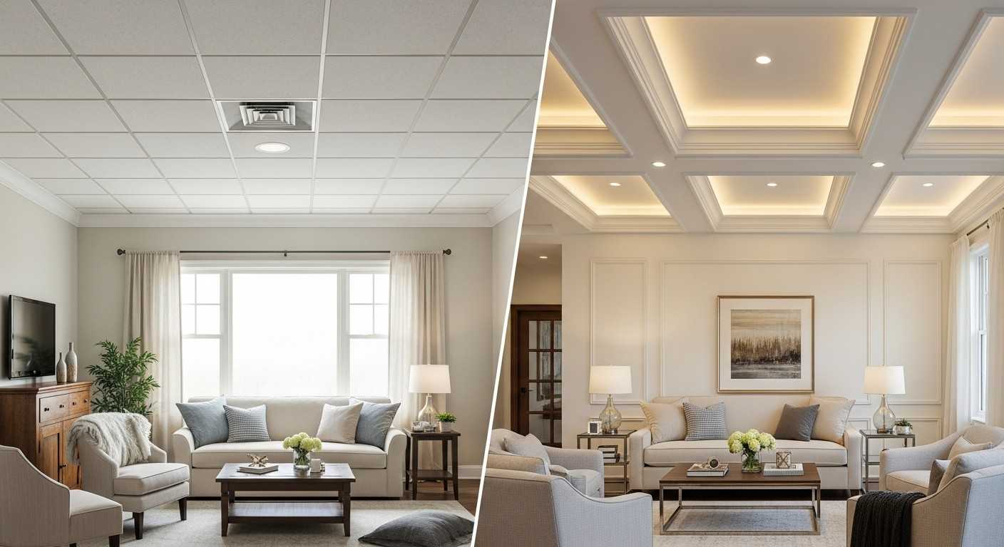 Comparison of an outdated residential drop ceiling with a modern coffered ceiling and recessed lighting in a stylish living space.

