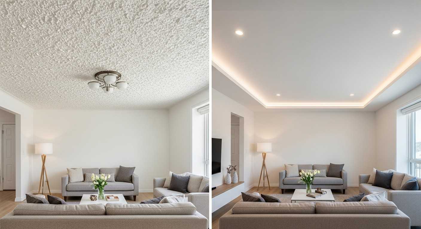 Before-and-after image comparing an outdated popcorn ceiling with a modern, smooth flat ceiling in a stylish residential living room.

