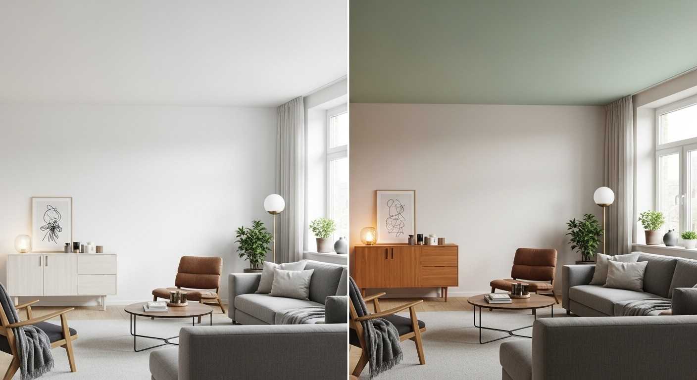 Side-by-side comparison showing a plain white ceiling versus a ceiling in a soft pastel shade that adds warmth and contrast to a modern living room.

