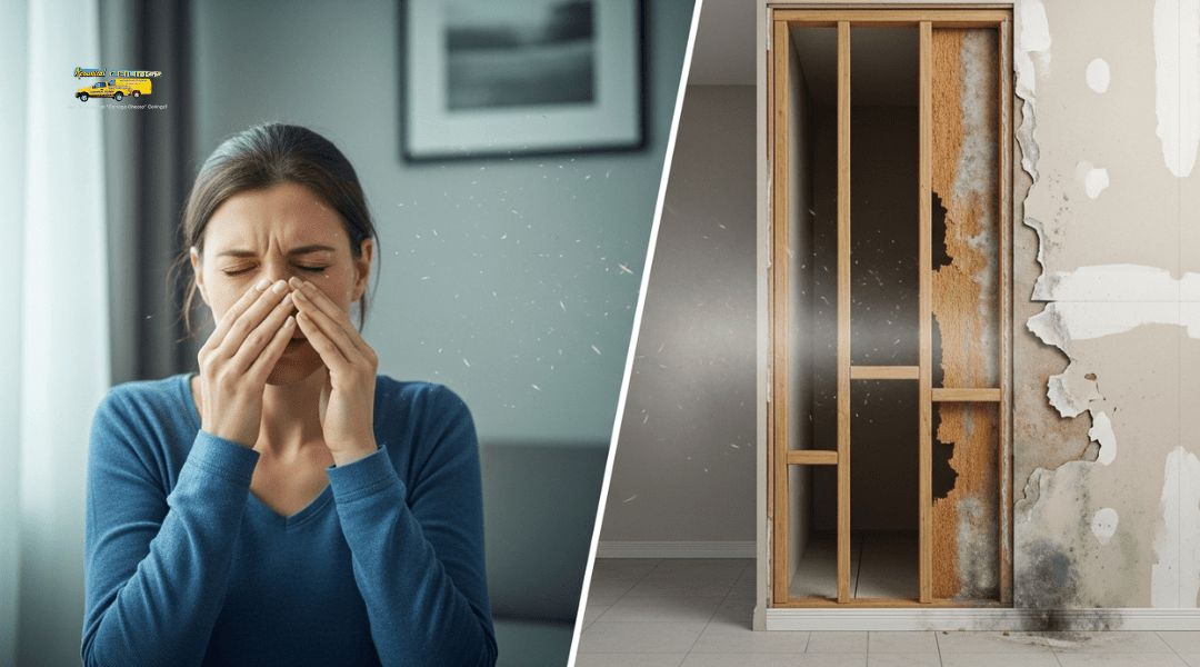 Split image showing person with allergy symptoms and hidden mold behind drywall causing structural damage and poor air quality.