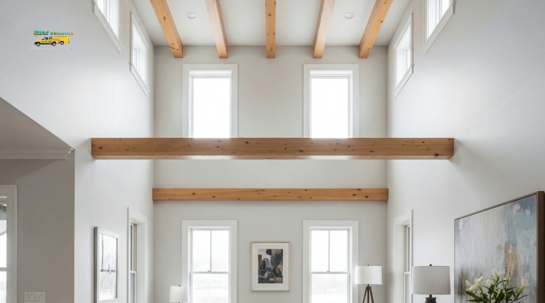 High-ceiling living room with soft white matte ceiling and widely spaced wood beams enhancing vertical space

