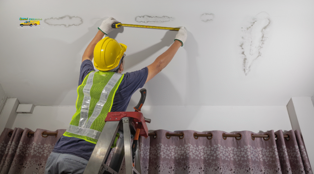 Technician repairing wall leak with water-damaged drywall removed to prevent hidden mold growth.