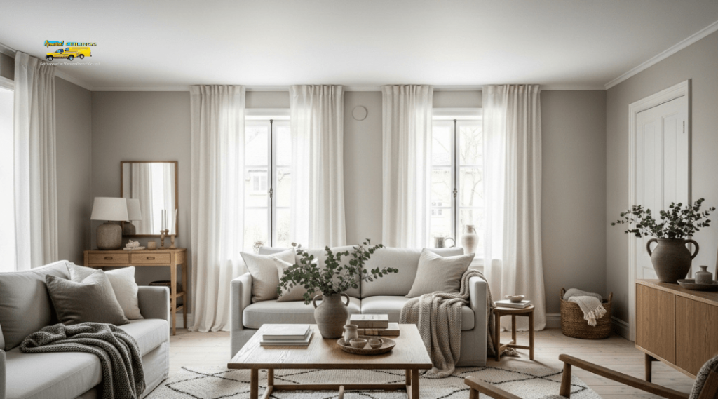 Low-ceiling living room with pale beige ceiling and soft neutral walls to enhance height illusion

