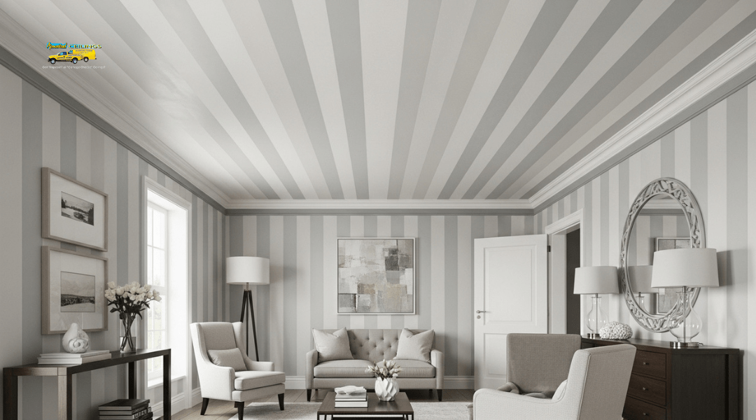 Vertical striped ceiling in a small room to create visual height and direction

