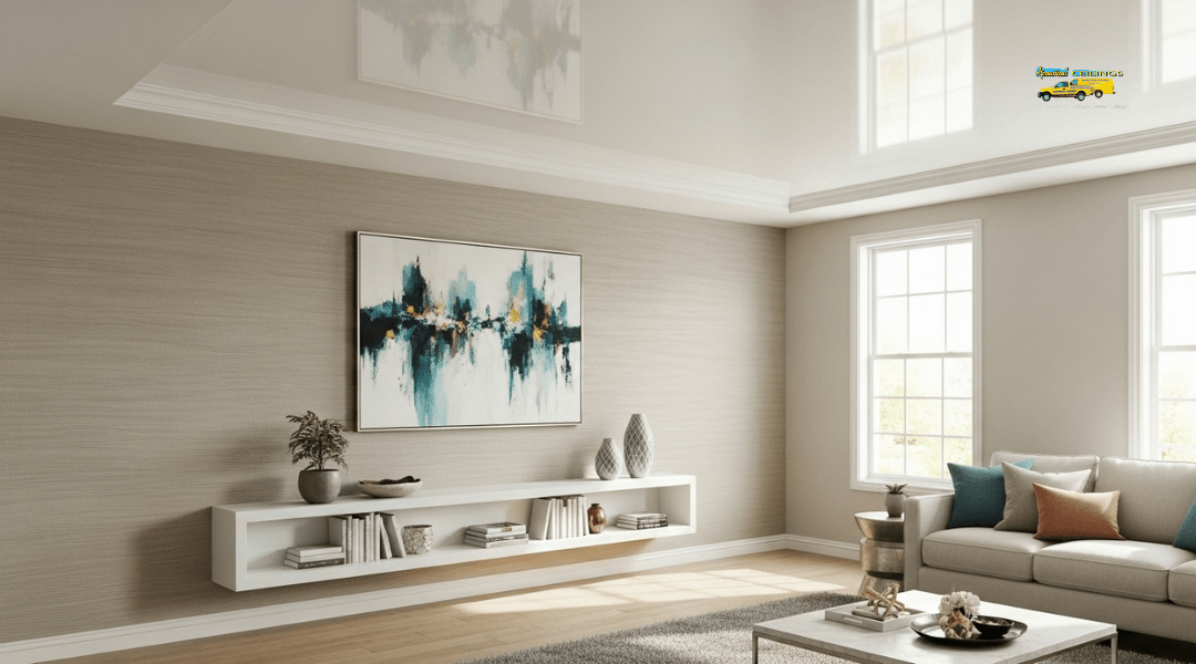 Living room with smooth ceiling and textured walls showing contrast that emphasizes ceiling height and highlights architectural details.