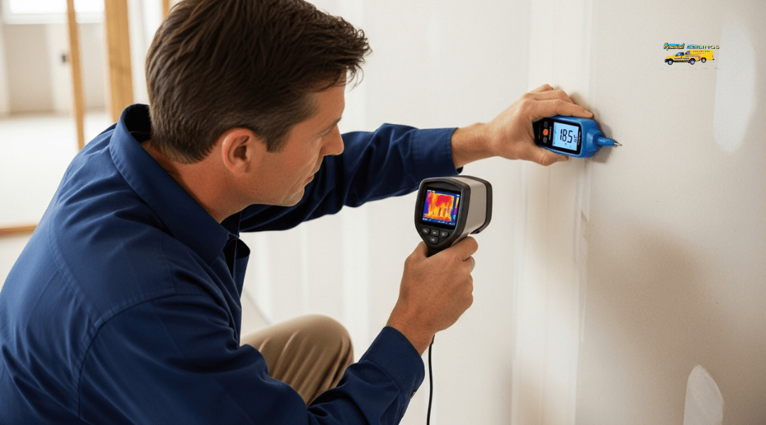 Contractor using a moisture meter and infrared camera to inspect drywall damage in Rancho Cucamonga.