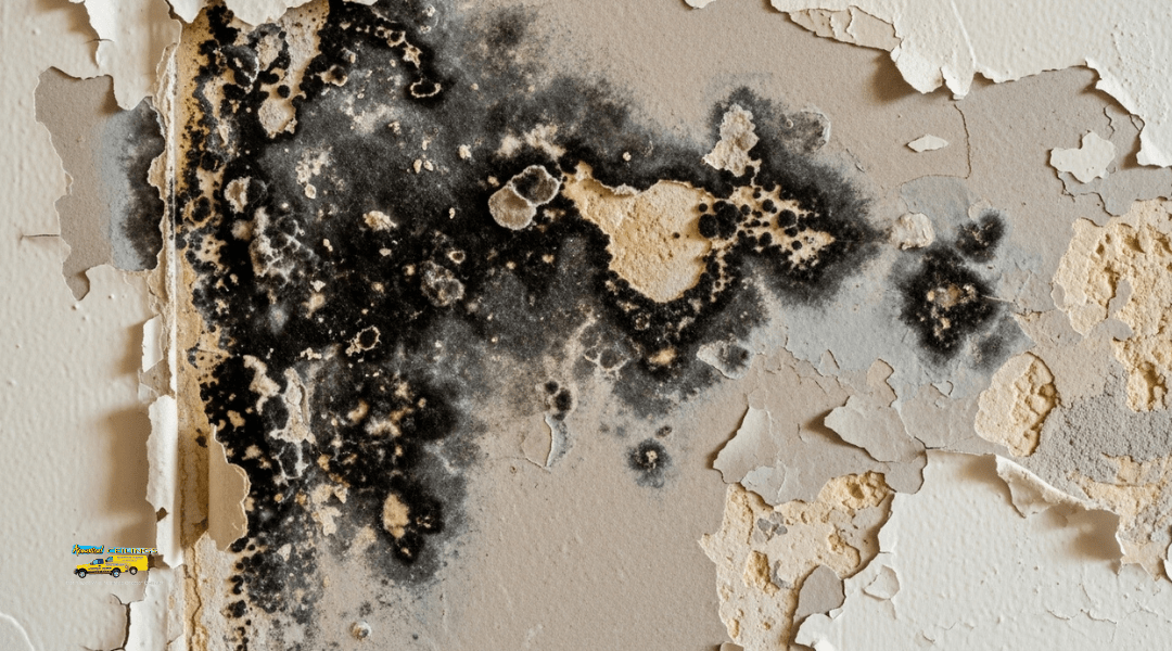 Drywall with water damage and black mold patches in a Rancho Cucamonga home.