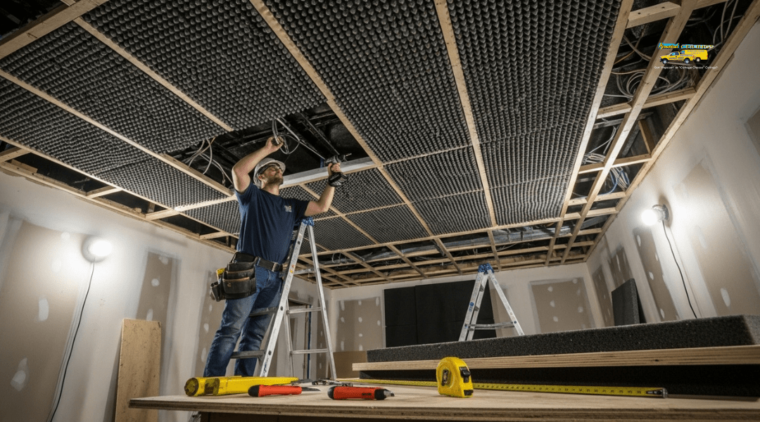 Cross-section of ceiling installation with resilient channels, double drywall, Green Glue, and acoustic insulation for maximum noise reduction.
