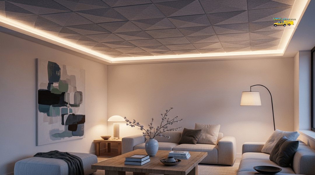 Modern living room with soundproofed ceiling using acoustic panels for a quieter, more peaceful home environment.