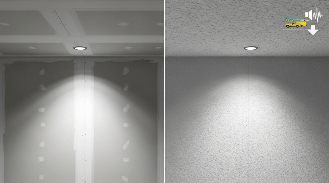 Comparison of smooth and textured drywall surfaces showing how textures hide flaws, soften light, and improve acoustic control.