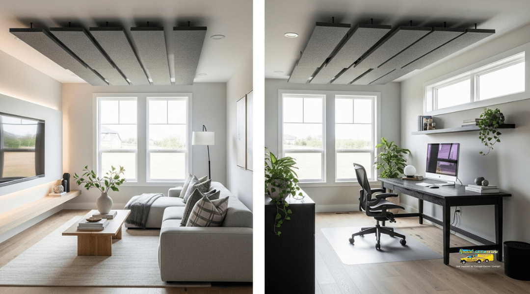 Acoustic ceiling panels reducing noise transfer between living room and study in a modern home.