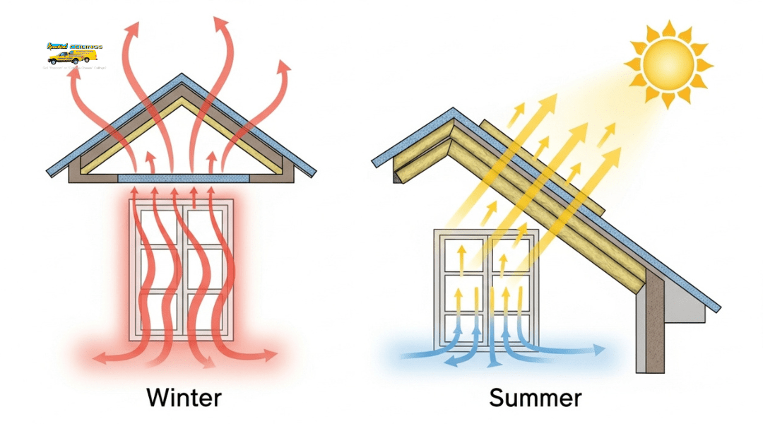 ceiling insulation reducing heat loss in winter and blocking heat gain in summer for better energy efficiency.
