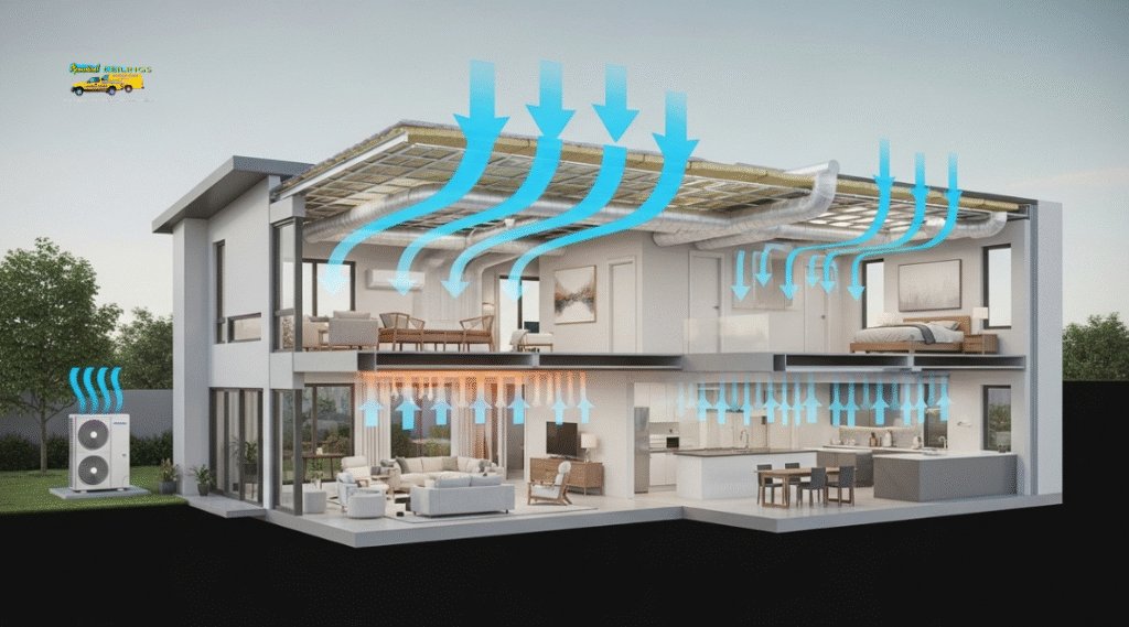 Illustration showing how ceiling insulation lowers HVAC system usage and maintains consistent indoor comfort.