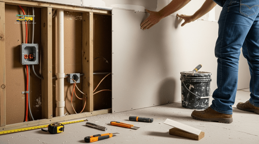 Homeowner dealing with drywall installation mistakes, showing gaps, tools, and unfinished seams.