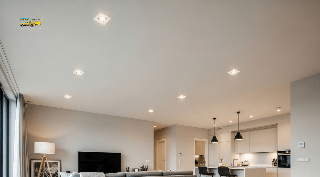 Modern living room with recessed ceiling lights creating a clean and streamlined design.