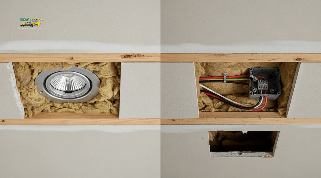 Diagram of recessed lighting installation showing wiring access, IC-rated housing, and safety code compliance.