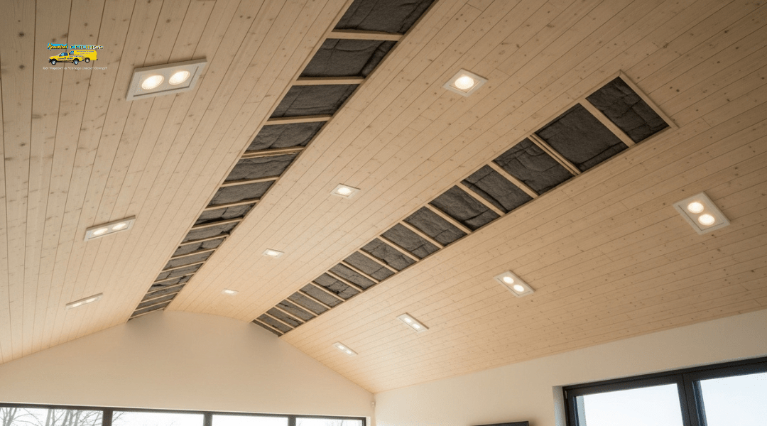 Recessed lighting in a vaulted ceiling using sloped housings for safe, even illumination.