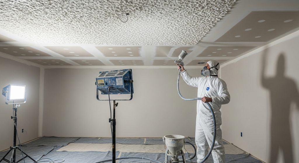 Contractor applying ceiling texture spray for precise match.