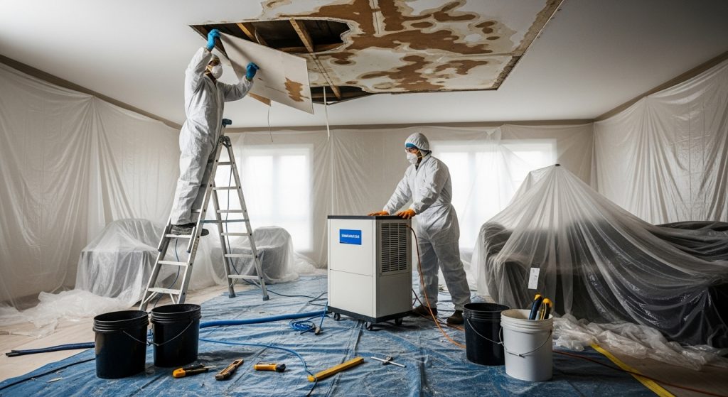 Repairing ceiling damage caused by roof or pipe leak.