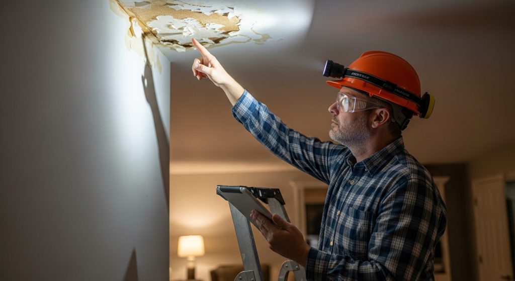 Contractor assessing ceiling cracks and water stains in hallway.