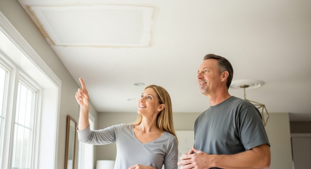 Contractor discussing ceiling repair estimate with homeowner in a bright living room.