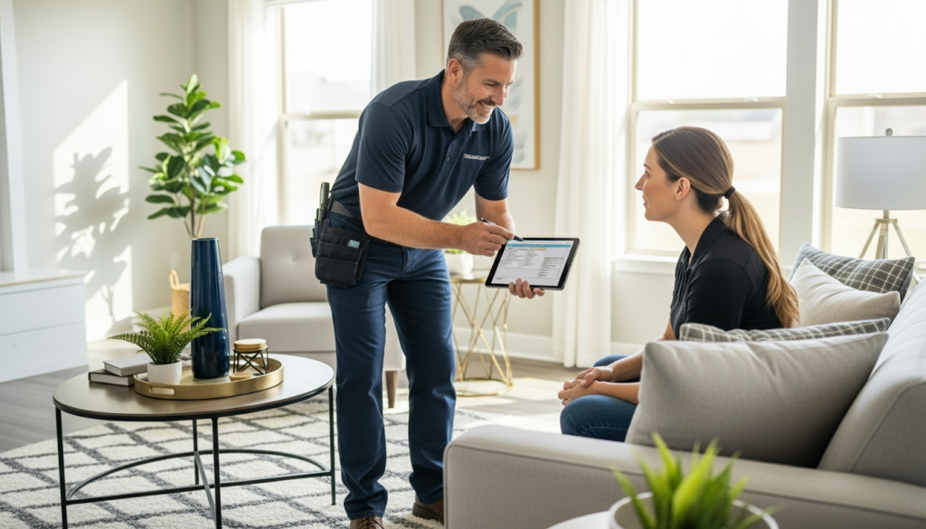 Contractor discussing ceiling repair estimate with homeowner in a bright living room.