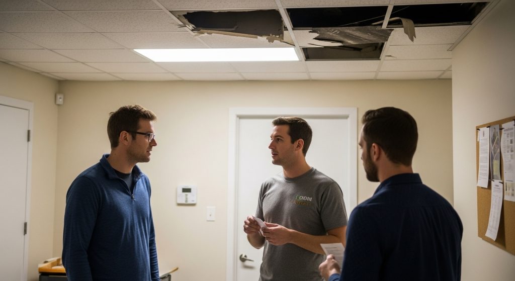 Contractor explaining ceiling restoration estimate and options.