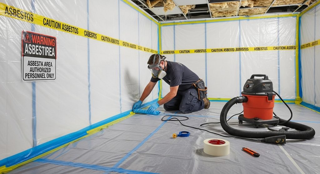Technician wearing safety gear while preparing containment area for ceiling repair.