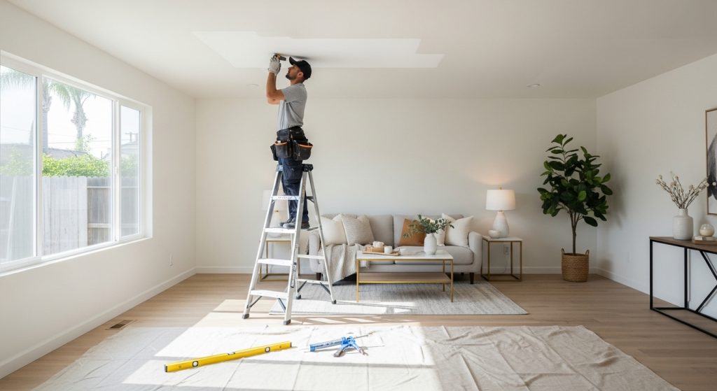 Finished ceiling repair with technician inspecting smooth ceiling in San Bernardino, California