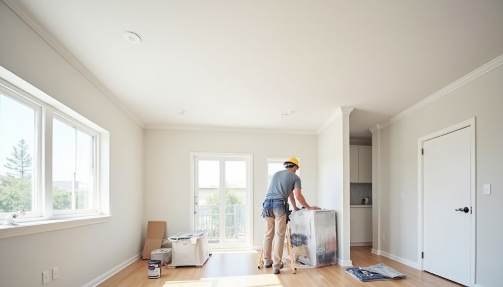 Finished ceiling repair with technician inspecting smooth ceiling surface in San Dimas, California
