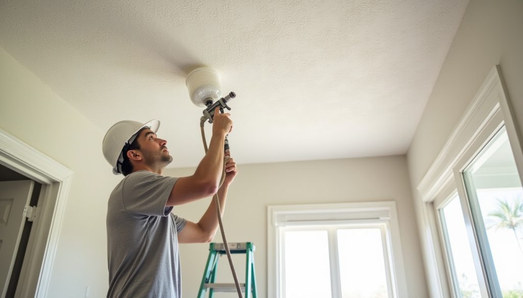 ceiling repair technician applying popcorn texture in montclair california home