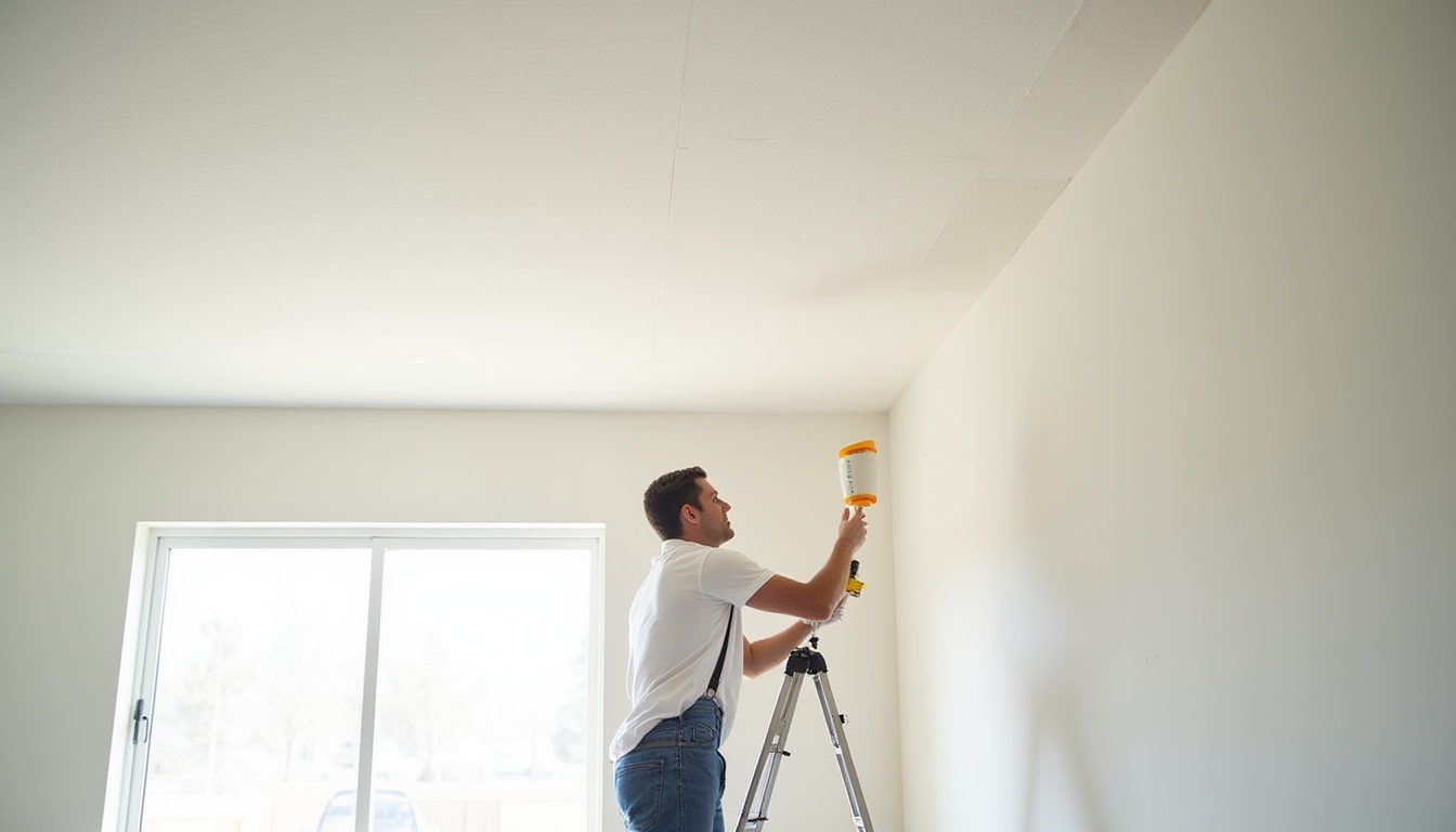 Finished popcorn ceiling restoration with smooth finish and technician inspecting results in Redlands, California