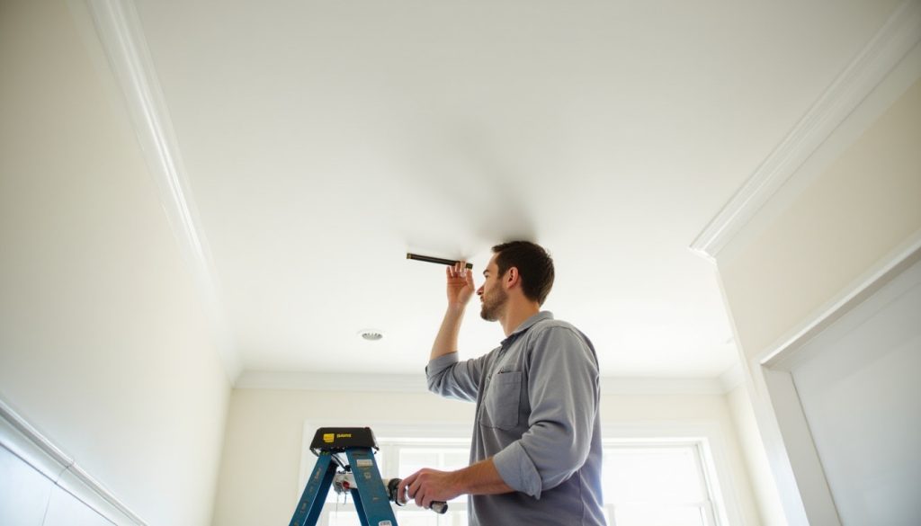Finished popcorn ceiling restoration with smooth surface and technician inspecting results in Rialto, California