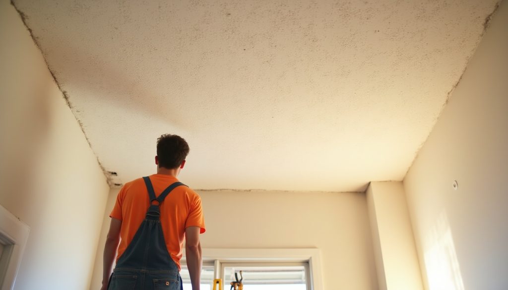 Finished ceiling repair with technician inspecting smooth white ceiling in Upland, California