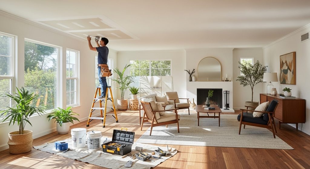 Finished popcorn ceiling restoration with technician inspecting smooth white ceiling in Walnut, California
