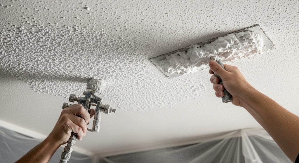 Hand applying matching popcorn texture for a seamless ceiling repair finish.