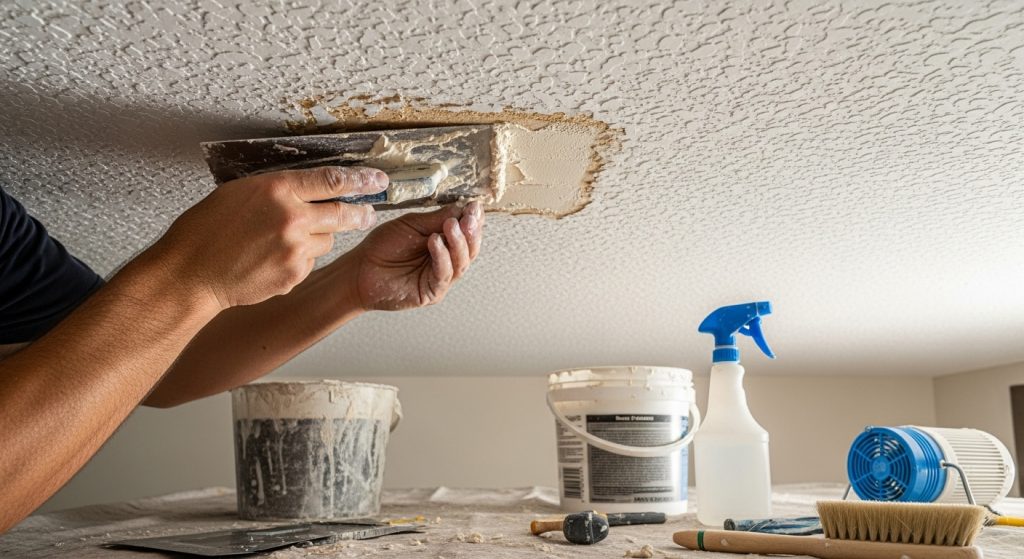 Matching popcorn ceiling texture for seamless appearance.