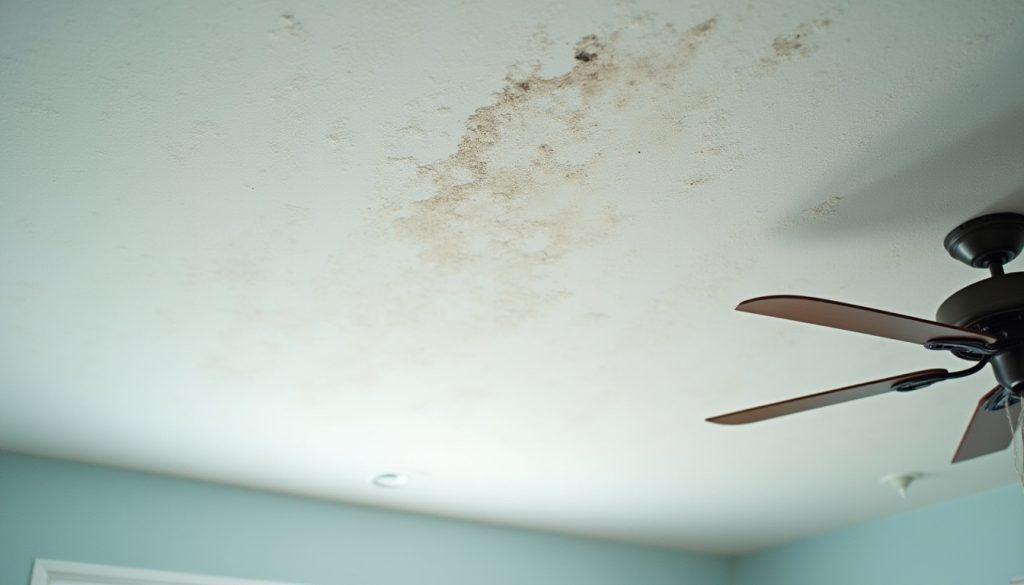 water-stained and cracked popcorn ceiling in chino california home