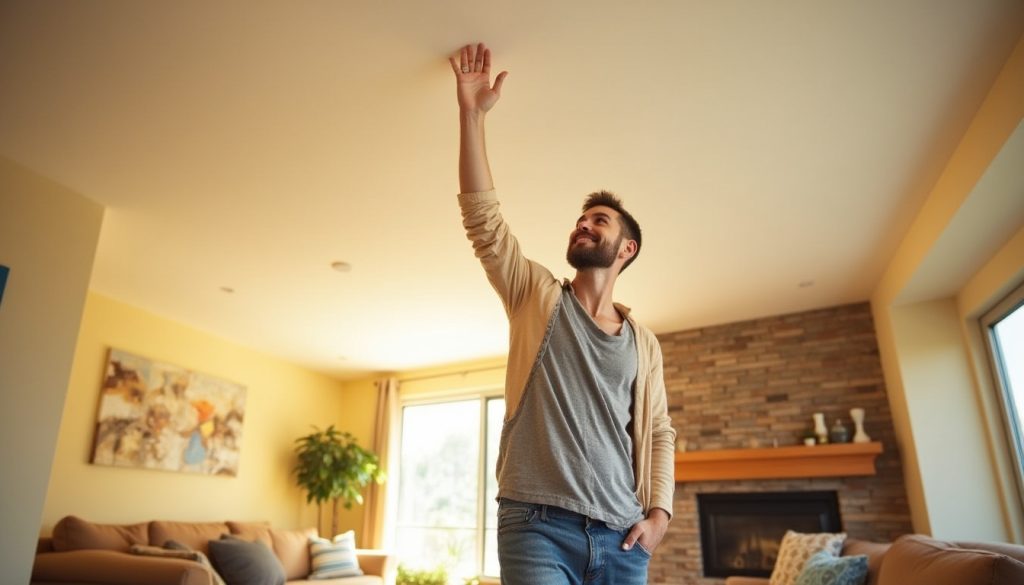 homeowner admiring smooth repaired ceiling in montclair california home