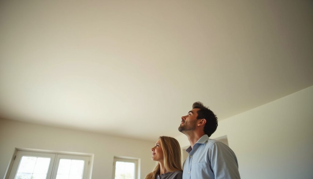 homeowners inspecting freshly repaired ceiling in chino california home