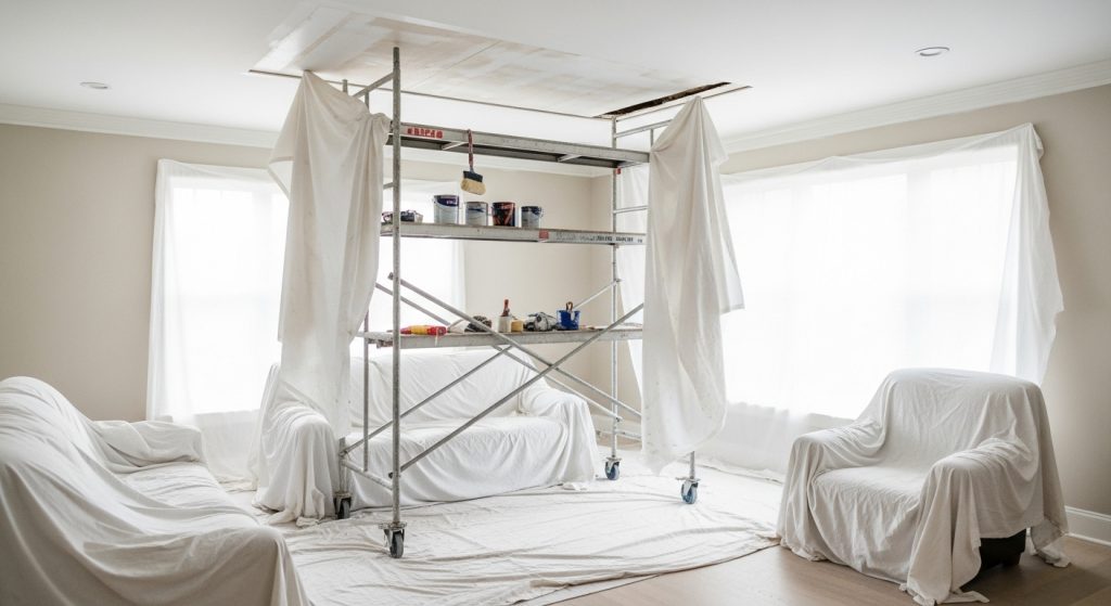 Living room ceiling restored to like-new condition.