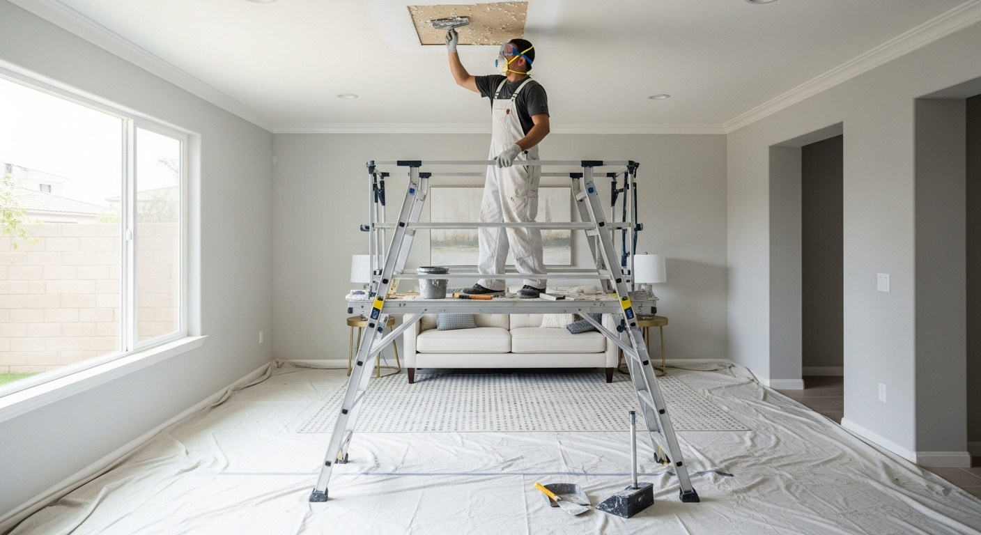 Technician repairing a popcorn ceiling in a Norco California home living room