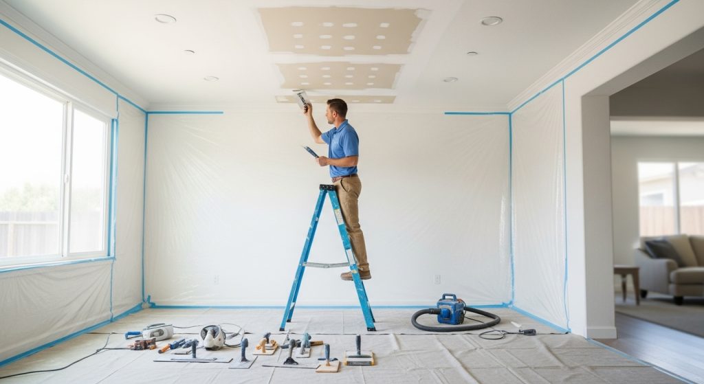 Technician repairing popcorn ceiling in Ontario California home interior