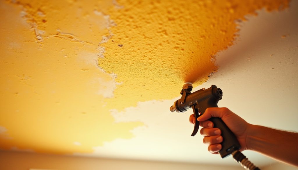 closeup of popcorn ceiling repair process in corona california home