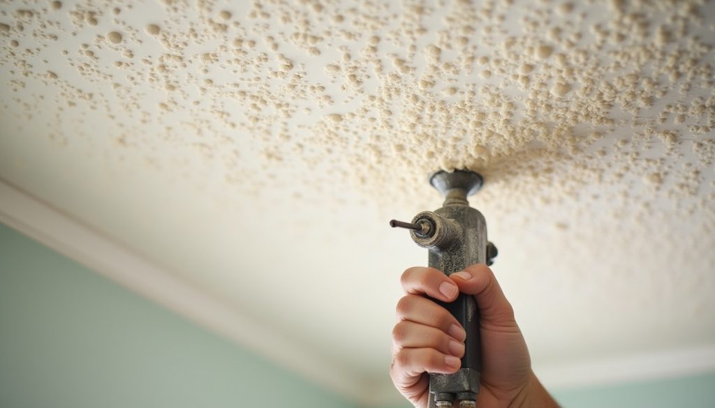 closeup of popcorn ceiling repair process in fontana california home
