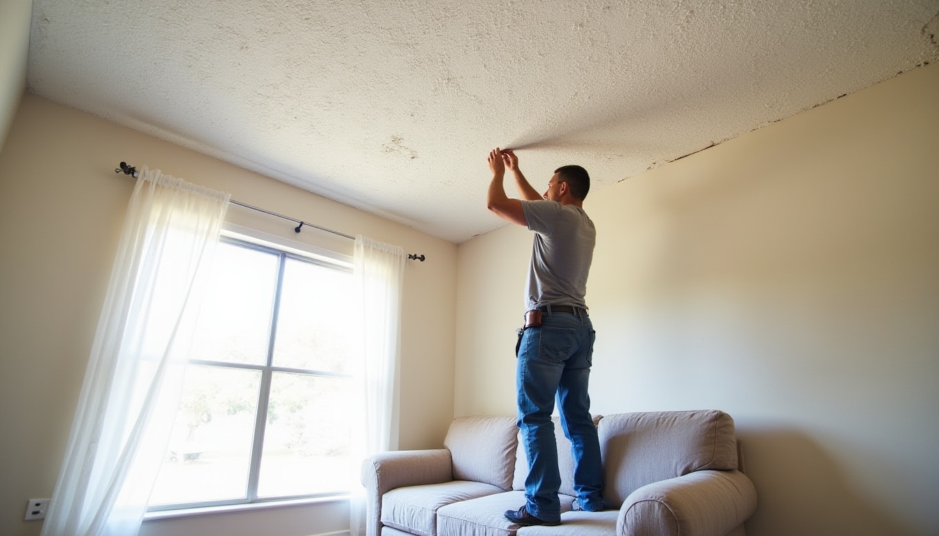 Technician performing professional popcorn ceiling repair in Rancho Cucamonga, CA