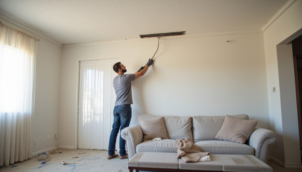 Professional popcorn ceiling repair technician restoring damaged ceiling in Rialto, CA