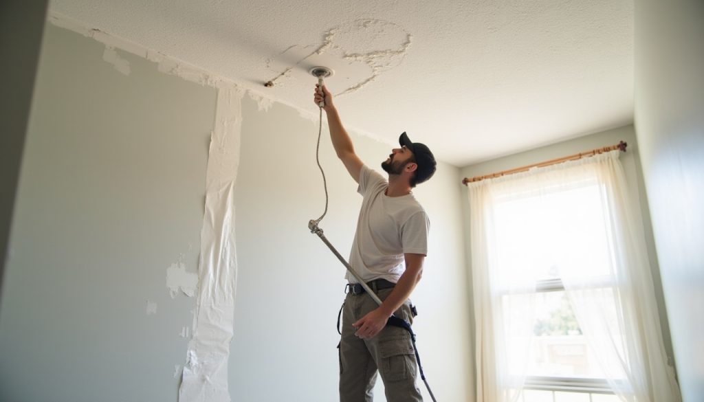 Professional popcorn ceiling repair technician restoring ceiling in Riverside, CA